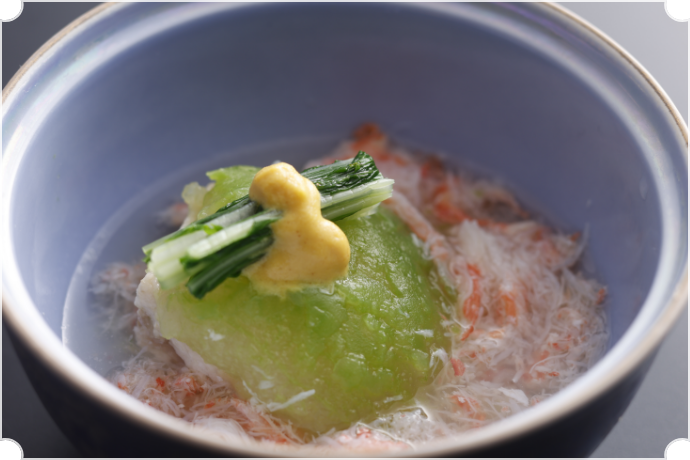 煮物(朝日豚角煮冬瓜包み 蟹餡掛け)